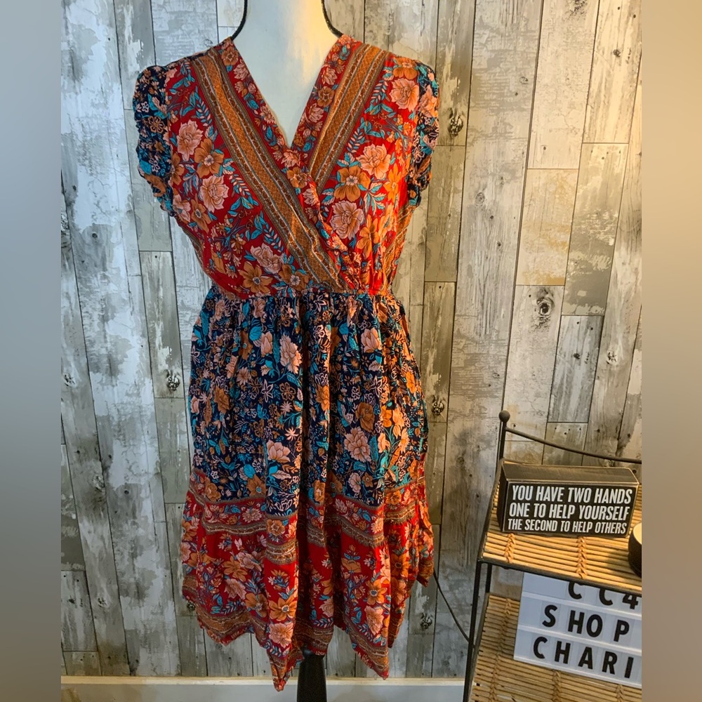 Floral Wrap Dress in Red and Blue